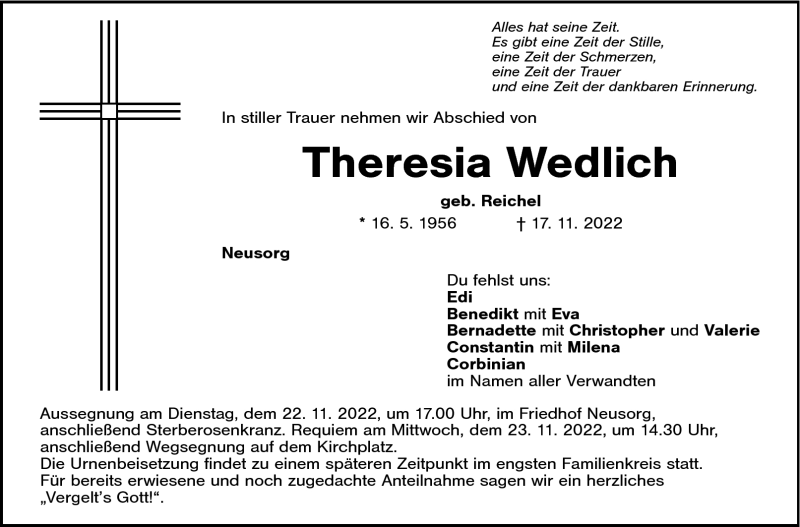  Traueranzeige für Theresia Wedlich vom 21.11.2022 aus Frankenpost