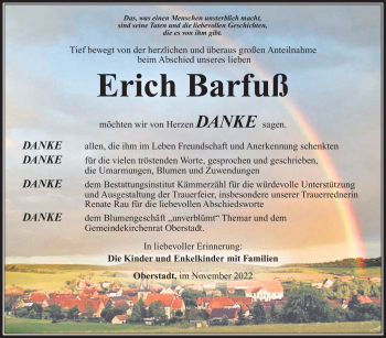 Traueranzeige von Erich Barfuß von Südthüringer Presse