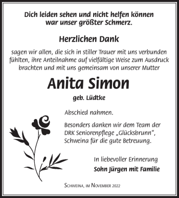 Traueranzeige von Anita Simon von Südthüringer Presse
