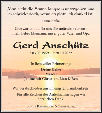 Traueranzeige von Gerd Anschütz von Südthüringer Presse