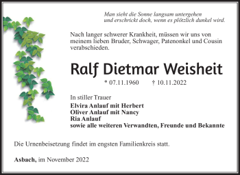 Traueranzeige von Ralf Dietmar Weisheit von Südthüringer Presse