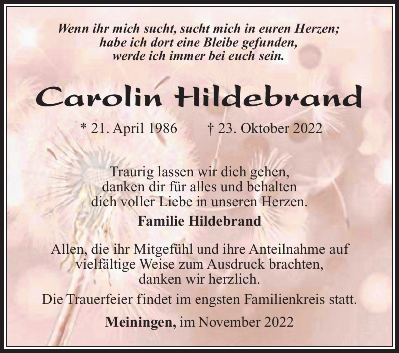  Traueranzeige für Carolin Hildebrand vom 12.11.2022 aus Südthüringer Presse