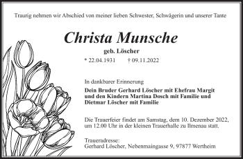 Traueranzeige von Christa Munsche von Südthüringer Presse
