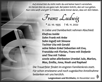 Traueranzeige von Franz Ludwig von Südthüringer Presse