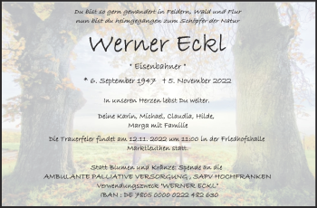 Traueranzeige von Werner Eckl von Frankenpost