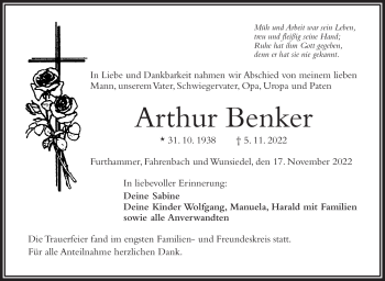 Traueranzeige von Arthur Benker von Frankenpost