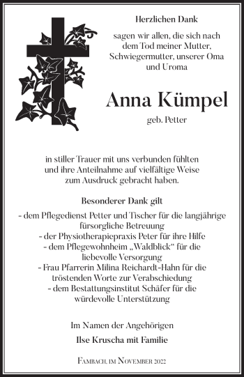Traueranzeige von Anna Kümpel von Südthüringer Presse