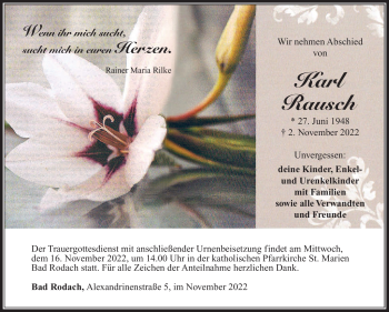Traueranzeige von Karl Rausch von Südthüringer Presse