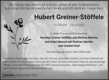 Traueranzeige von Hubert Greiner-Stöffele von Südthüringer Presse