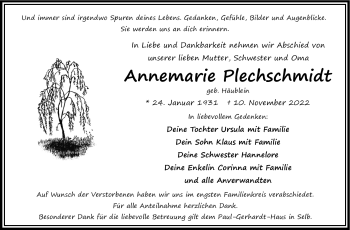 Traueranzeige von Annemarie Plechschmidt von Frankenpost