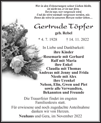 Traueranzeige von Gertrude Töpfer von Südthüringer Presse