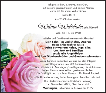 Traueranzeige von Wilma Wehrhahn von Südthüringer Presse
