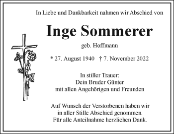 Traueranzeige von Inge Sommerer von Frankenpost
