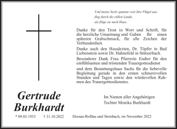 Traueranzeige von Gertrude Burkhardt von Südthüringer Presse
