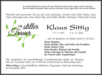 Traueranzeige von Klaus Sittig von Südthüringer Presse