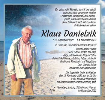 Traueranzeige von Klaus Danielzik von Südthüringer Presse