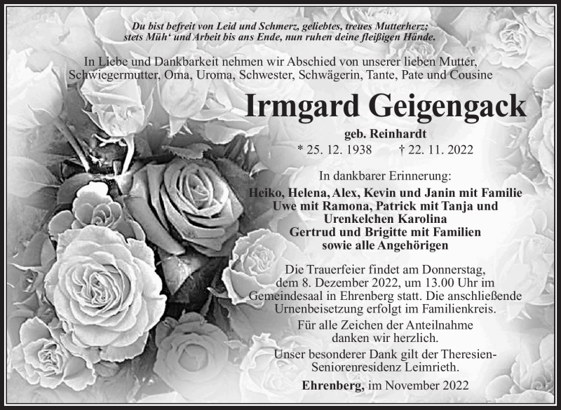  Traueranzeige für Irmgard Geigengack vom 26.11.2022 aus Südthüringer Presse