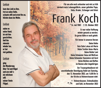 Traueranzeige von Frank Koch von Südthüringer Presse