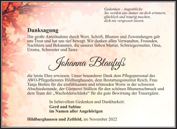 Traueranzeige von Johanna Blaufuß von Südthüringer Presse