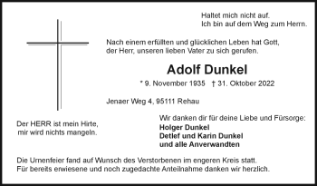Traueranzeige von Adolf Dunkel von Frankenpost
