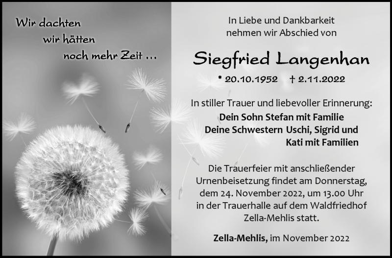  Traueranzeige für Siegfried Langenhan vom 12.11.2022 aus Südthüringer Presse