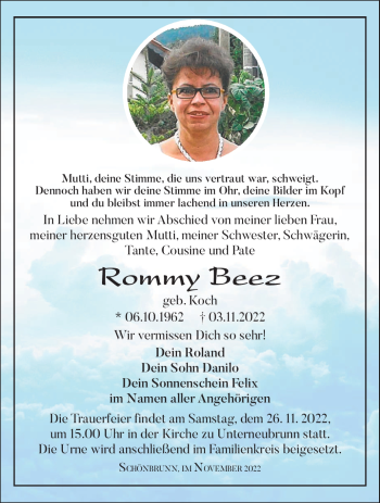 Traueranzeige von Rommy Beez von Südthüringer Presse