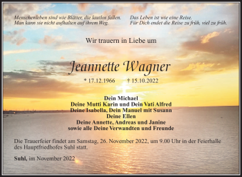 Traueranzeige von Jeannette Wagner von Südthüringer Presse