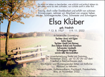 Traueranzeige von Elsa Klüber von Südthüringer Presse
