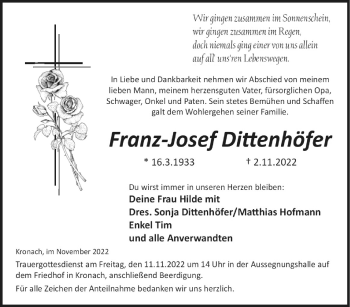 Traueranzeige von Franz-Josef Dittenhöfer von Neue Presse Coburg