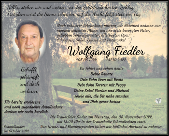 Traueranzeige von Wolfgang Fiedler von Südthüringer Presse
