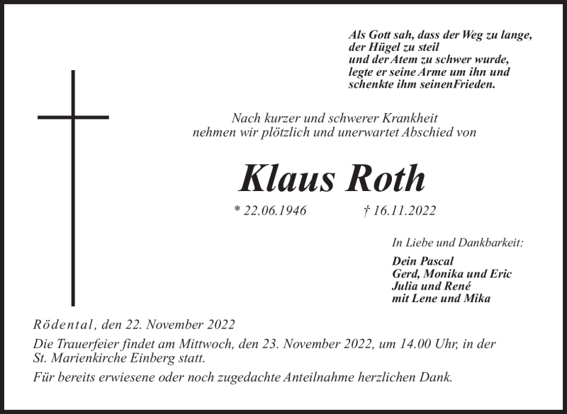  Traueranzeige für Klaus Roth vom 22.11.2022 aus Neue Presse Coburg