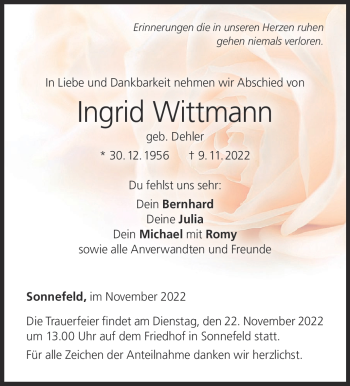 Traueranzeige von Ingrid Wittmann von Neue Presse Coburg