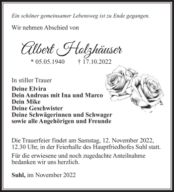 Traueranzeige von Albert Holzhäuser von Südthüringer Presse