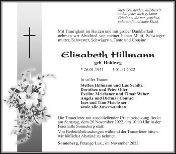 Traueranzeige von Elisabeth Hillmann von Südthüringer Presse