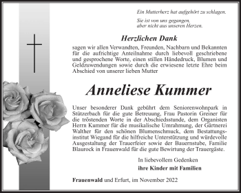 Traueranzeige von Anneliese Kummer von Südthüringer Presse