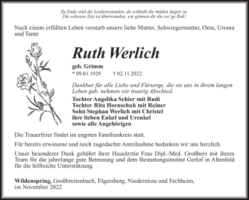 Traueranzeige von Ruth Werlich von Südthüringer Presse