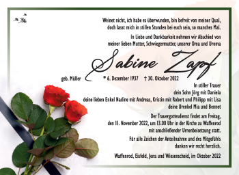 Traueranzeige von Sabine Zapf von Südthüringer Presse