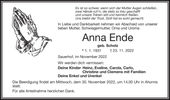 Traueranzeige von Anna Ende von Frankenpost