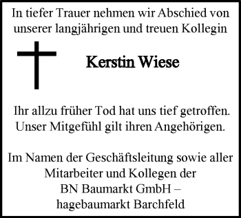 Traueranzeige von Kerstin Wiese von Südthüringer Presse