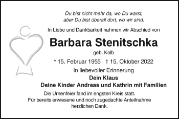 Traueranzeige von Barbara Stenitschka von Frankenpost