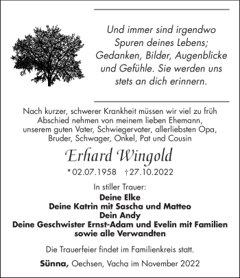 Traueranzeige von Erhard Wingold von Südthüringer Presse