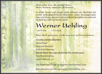 Traueranzeige von Werner Uehling von Südthüringer Presse