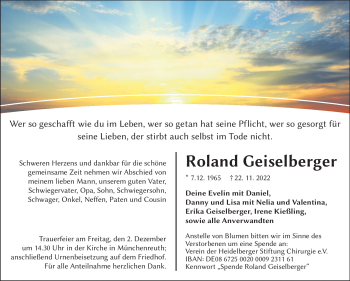 Traueranzeige von Roland Geiselberger von Frankenpost
