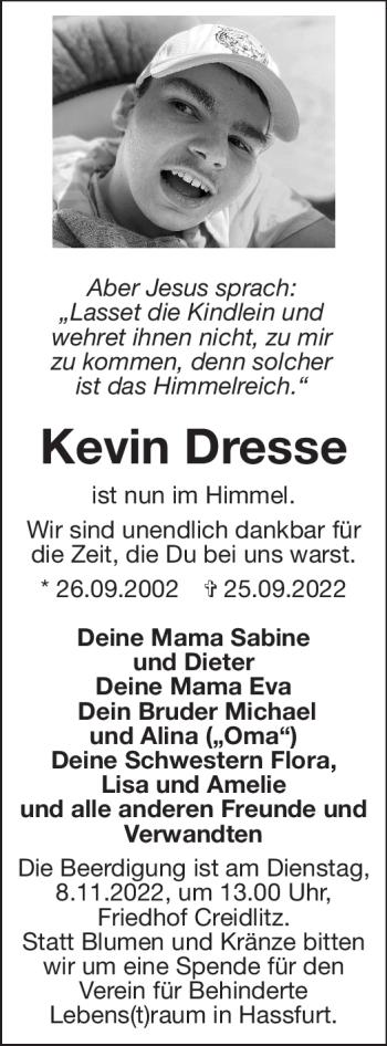 Traueranzeige von Kevin Dresse von Neue Presse Coburg