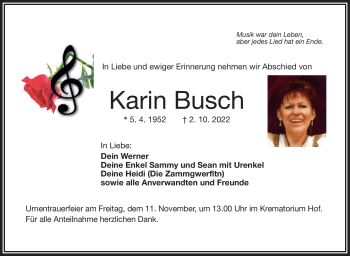 Traueranzeige von Karin Busch von Frankenpost