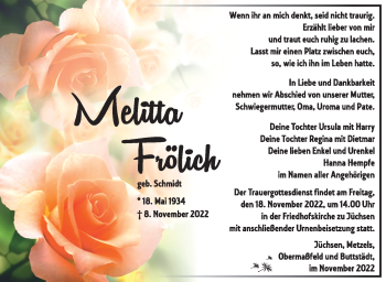 Traueranzeige von Melitta Frölich von Südthüringer Presse