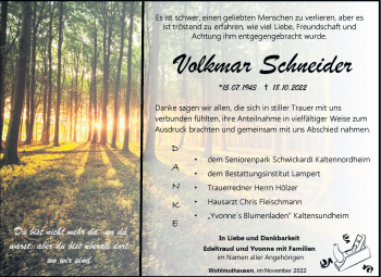 Traueranzeige von Volkmar Schneider von Südthüringer Presse