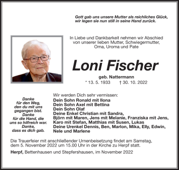 Traueranzeige von Loni Fischer von Südthüringer Presse