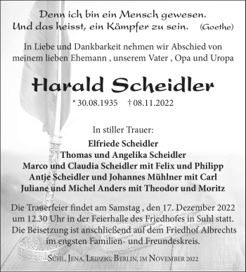 Traueranzeige von Harald Scheidler von Südthüringer Presse