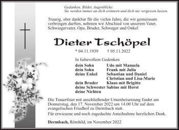 Traueranzeige von Dieter Tschöpel von Südthüringer Presse